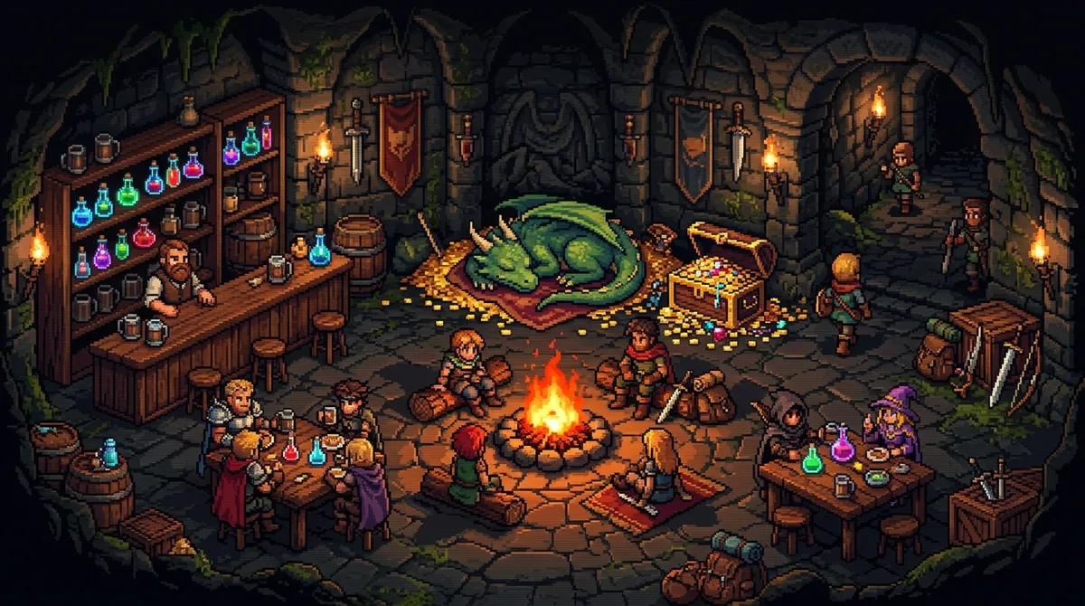 Cozy Fantasy Pixel Guild Tavern Campfire