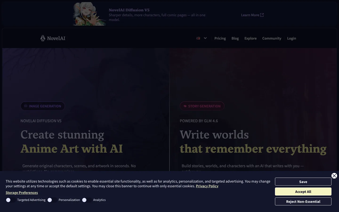 NovelAI prose editor powered by Kayra 13B showing storytelling canvas and memory settings