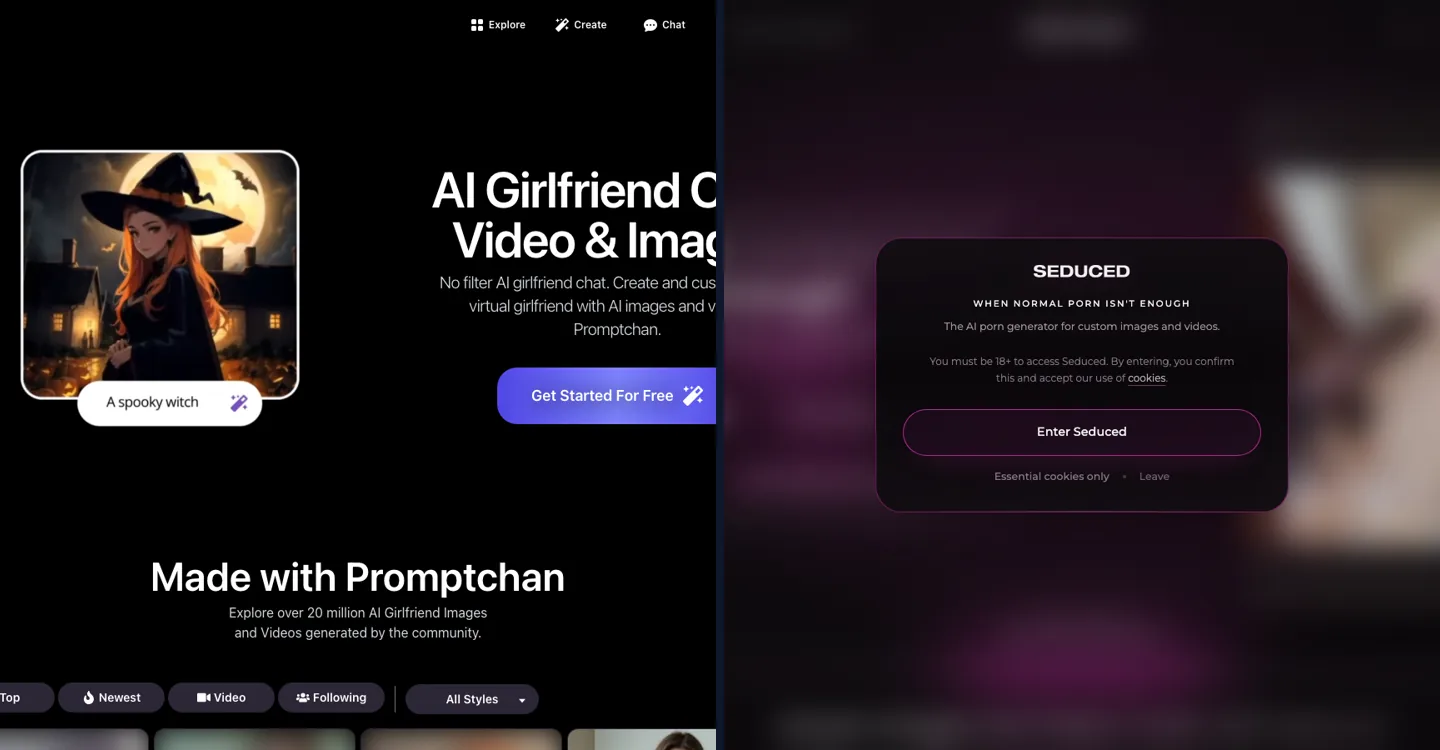 Promptchan anime illustration studio compared to Seduced AI photorealistic image generator