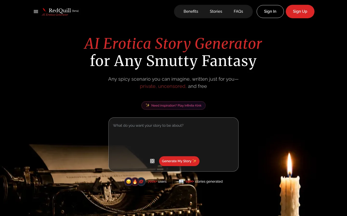 RedQuill romance novel generator showing chapter prompt templates and uncensored story branching
