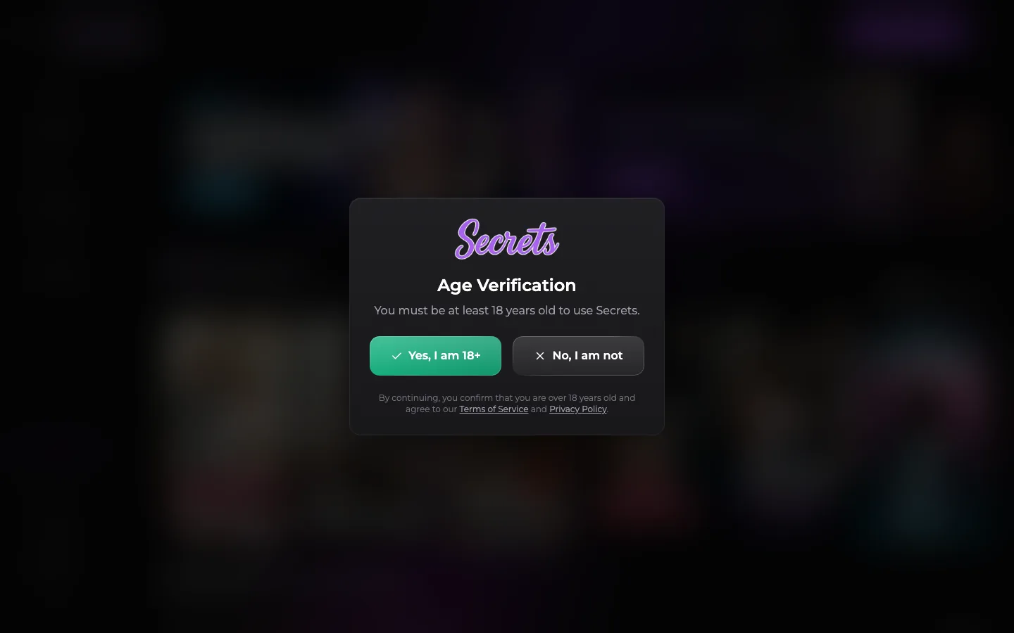 Secrets.ai private chat interface showing photorealistic avatar profiles and media gallery